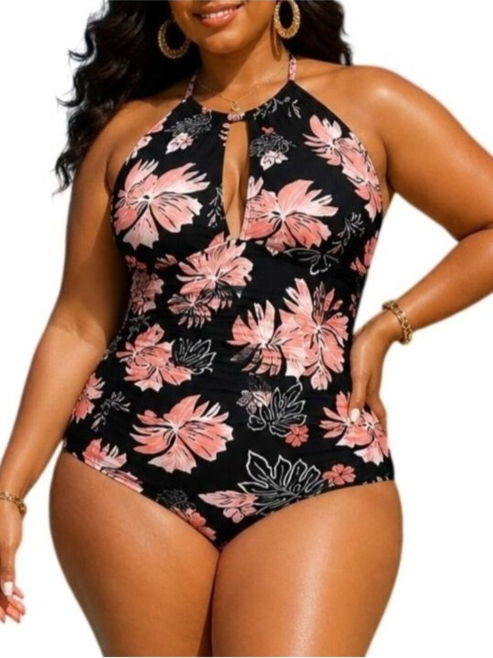 Aqua Eve Size 12W Swimsuit One-Piece Tropical Print Adjustable Halter Neckline